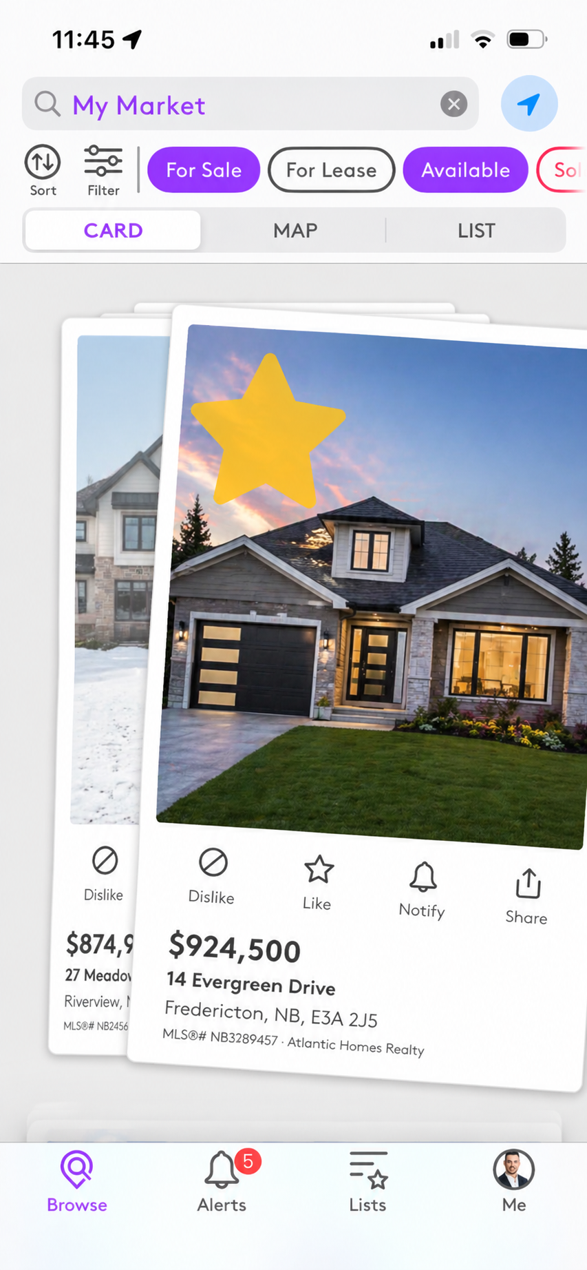 Listed app card screen showing a saved home