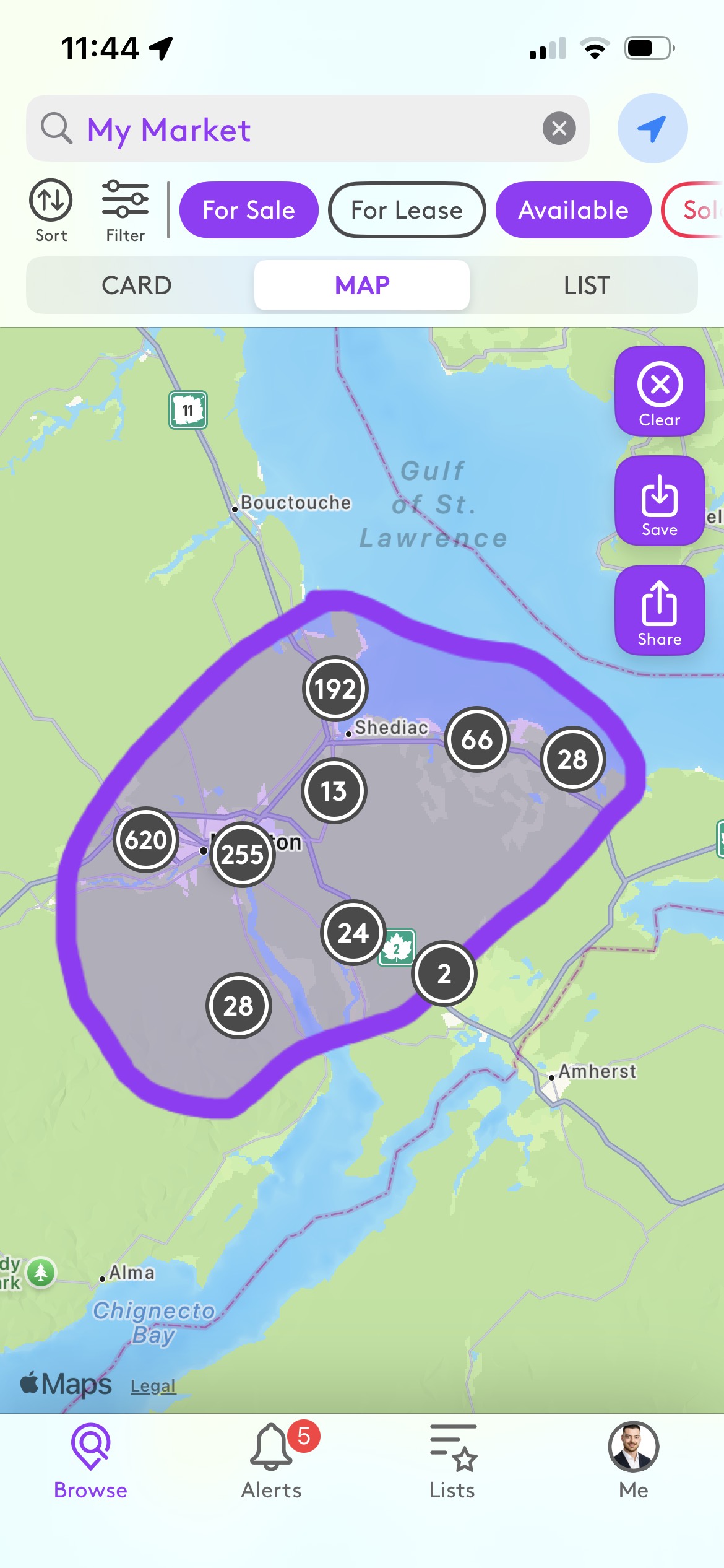 Map of homes for sale around Greater Moncton